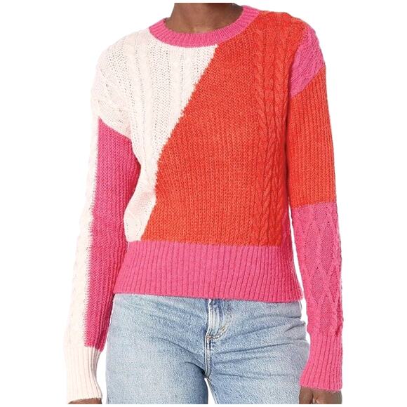 French Connection Madelyn Sweater Size Medium Colorful Pink Orange Cable Knit - Picture 1 of 6